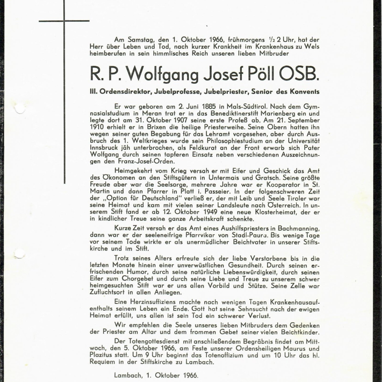 Deutsche Todesanzeige für R. P. Wolfgang Josef Pöll OSB, in der sein Leben, sein klerikaler Dienst und sein Tod am 1. Oktober 1966 beschrieben werden, mit einem Kreuz auf der linken Seite.