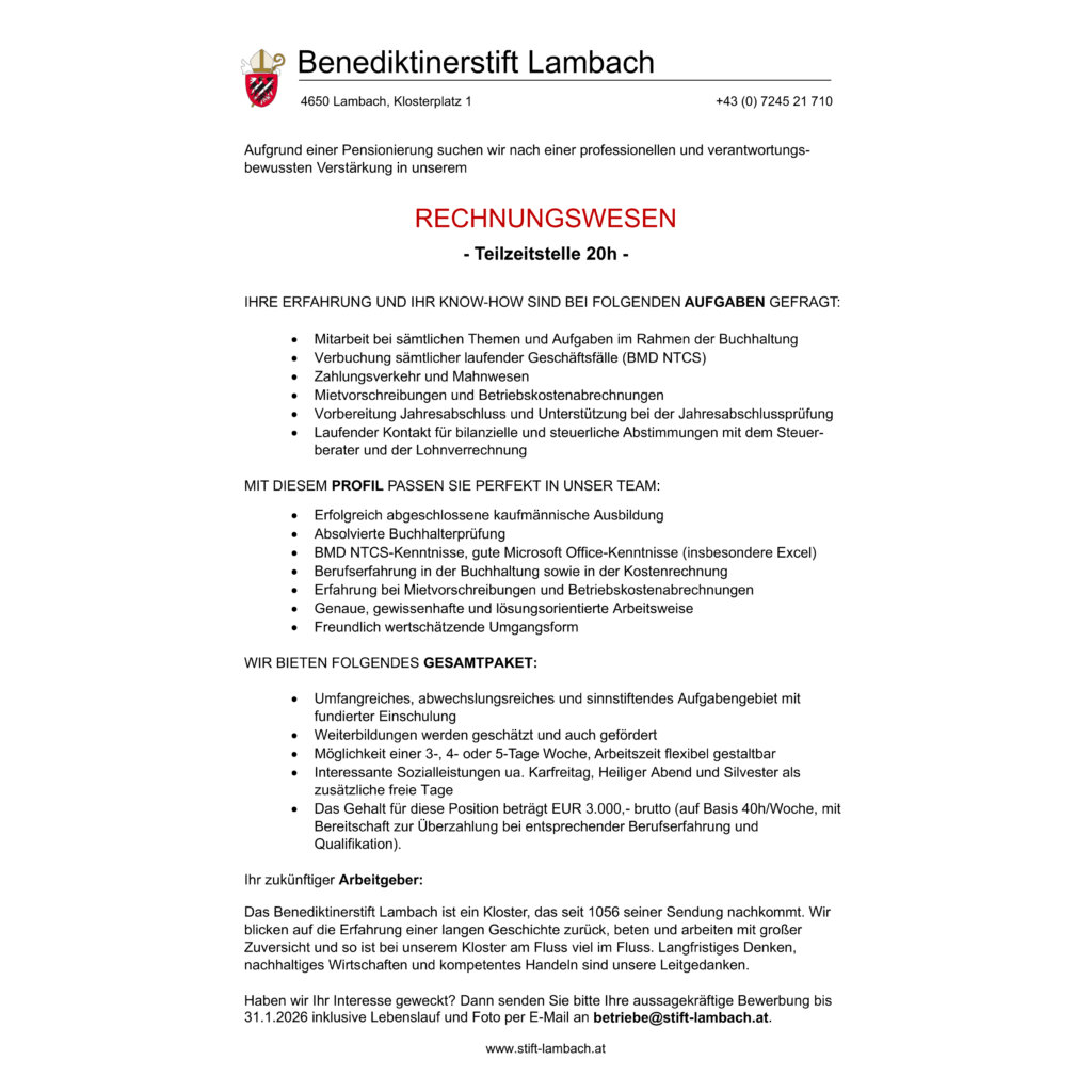 Wir suchen eine:n Mitarbeiter:in für das Rechnungswesen.