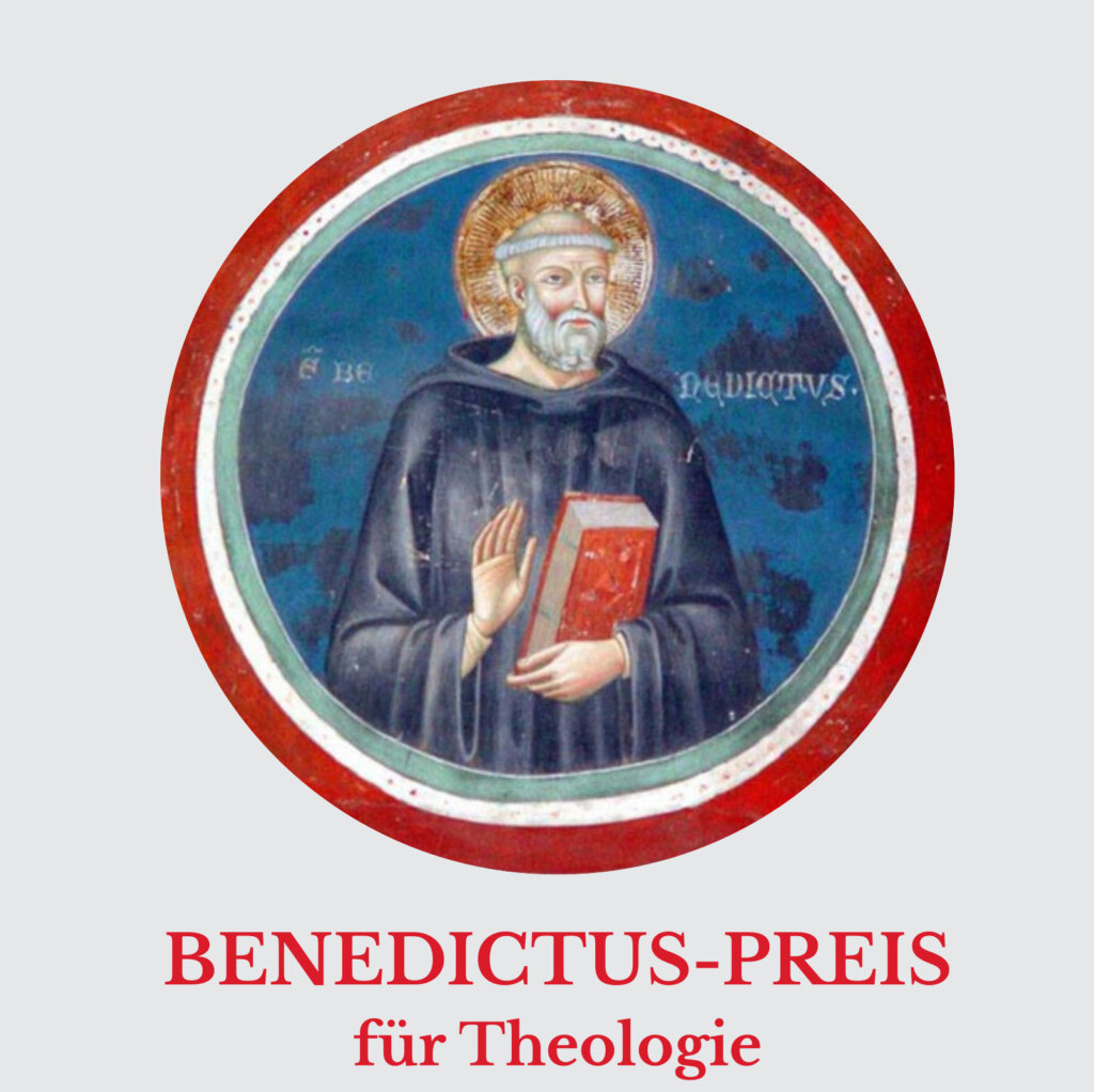 Mittelalterliche Illustration eines bärtigen Mannes mit Heiligenschein, der ein Buch hält, darüber der Text BENEDICTUS-PREIS für Theologie auf hellem Grund.