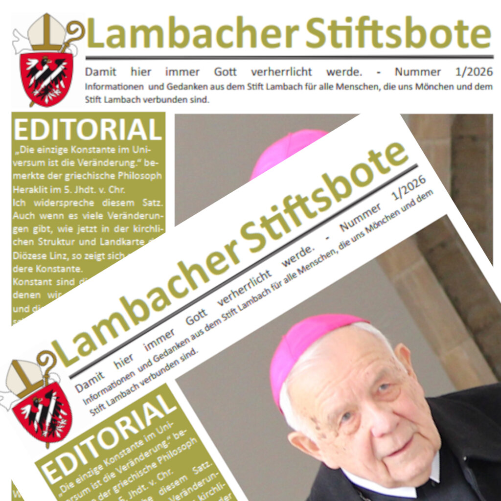 Titelseite des Mitteilungsblattes Lambacher Stiftsbote mit einem redaktionellen Teil und dem Foto eines älteren Mannes in klerikaler Kleidung mit einer violetten Schädeldecke.